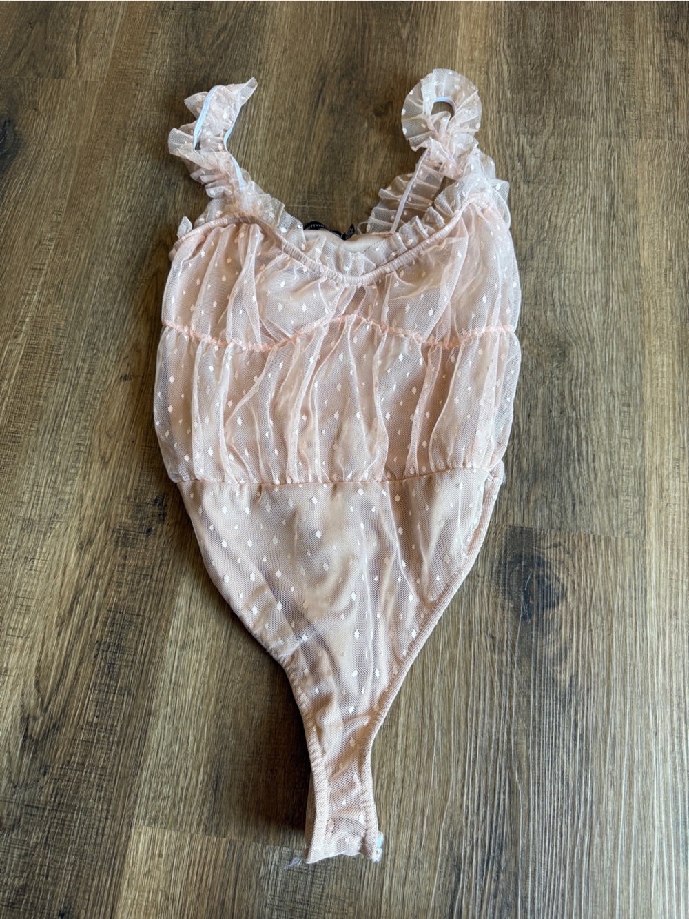 PrettyLittleThing Sheer Dotted Ruffle-Strap Bodysuit in Blush